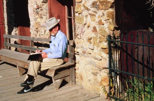 Taking notes in Virginia City during Montana's centennial